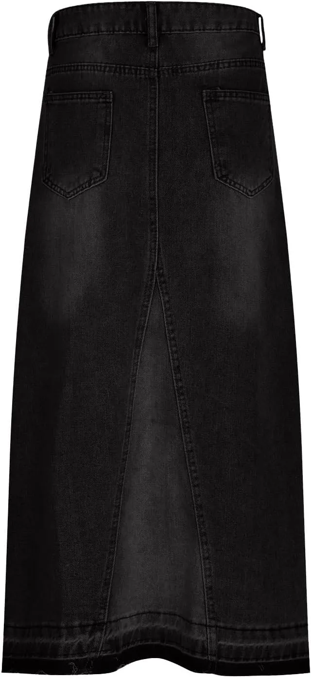 NATHGAM Women Long Denim Skirt Front Slit Midi Denim Skirt Y2K Fashion Streetwear High Waist Jean Pencil Skirt with Pockets