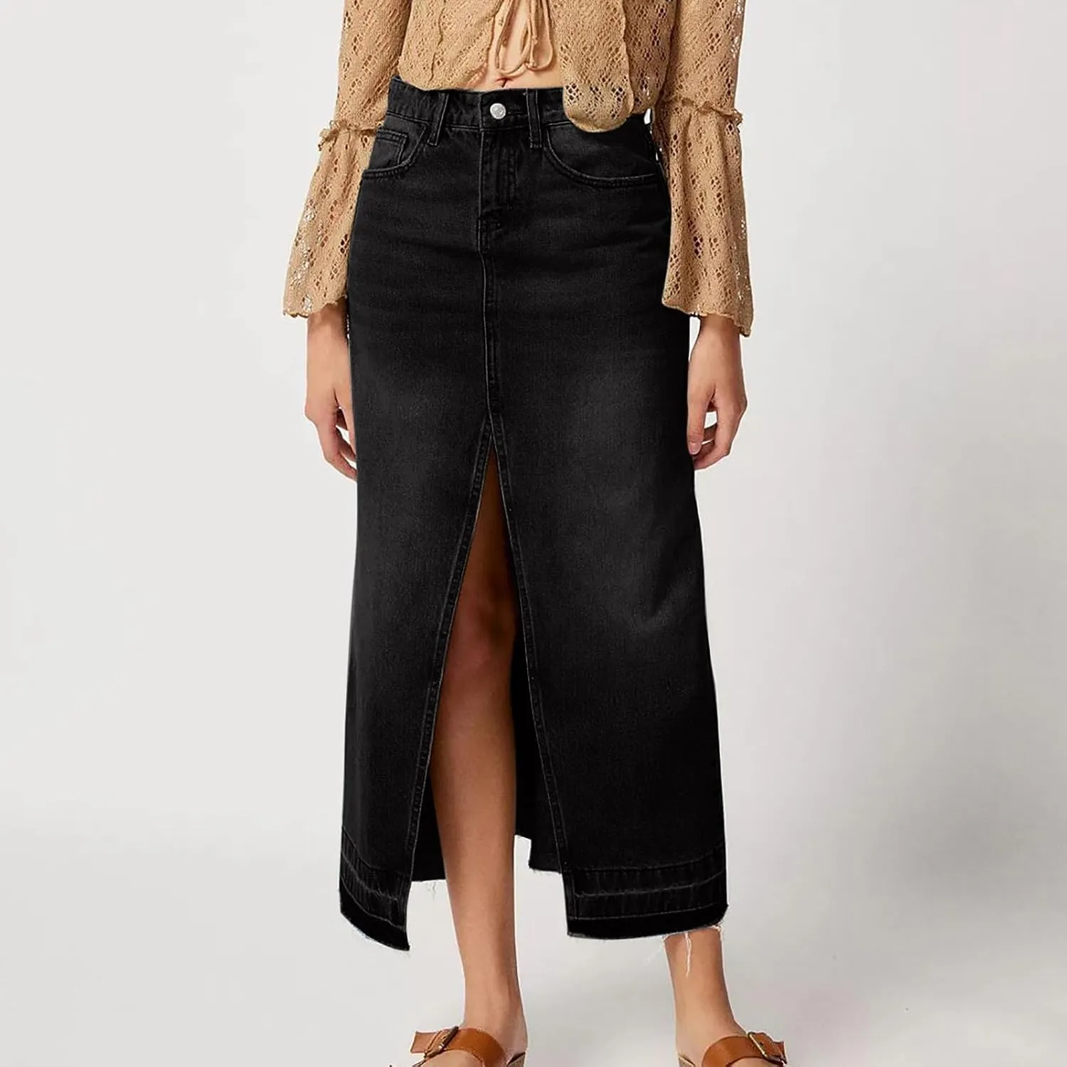NATHGAM Women Long Denim Skirt Front Slit Midi Denim Skirt Y2K Fashion Streetwear High Waist Jean Pencil Skirt with Pockets