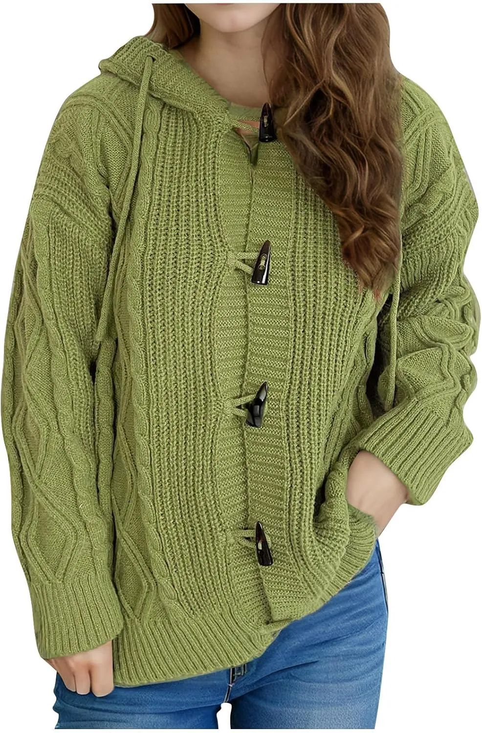 NATHGAM Women's Hooded Cardigans Sweaters Long Sleeve Chunky Cable Knit Oversized Button Down Slouchy Open Front Outerwears