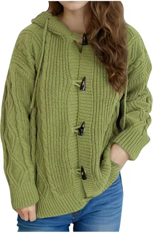 NATHGAM Women's Hooded Cardigans Sweaters Long Sleeve Chunky Cable Knit Oversized Button Down Slouchy Open Front Outerwears