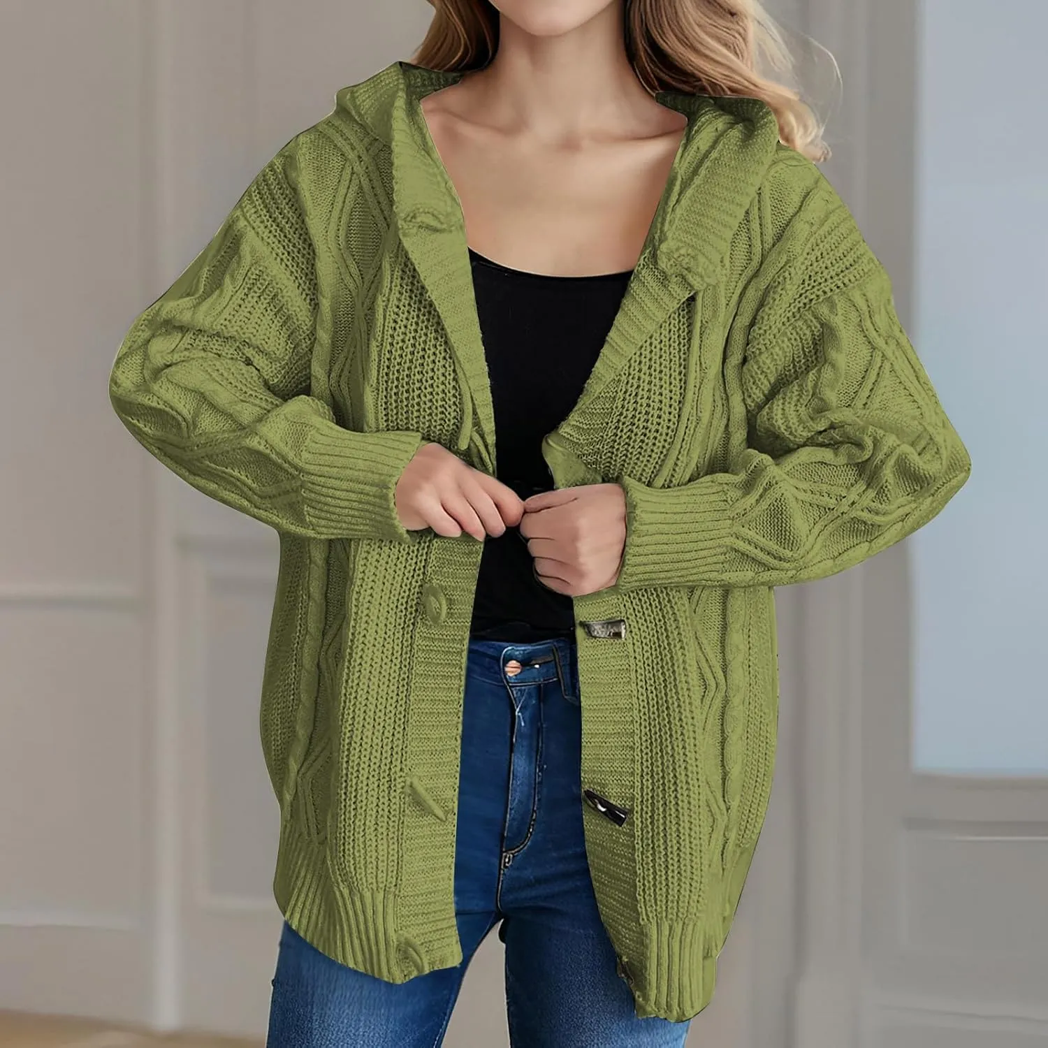 NATHGAM Women's Hooded Cardigans Sweaters Long Sleeve Chunky Cable Knit Oversized Button Down Slouchy Open Front Outerwears