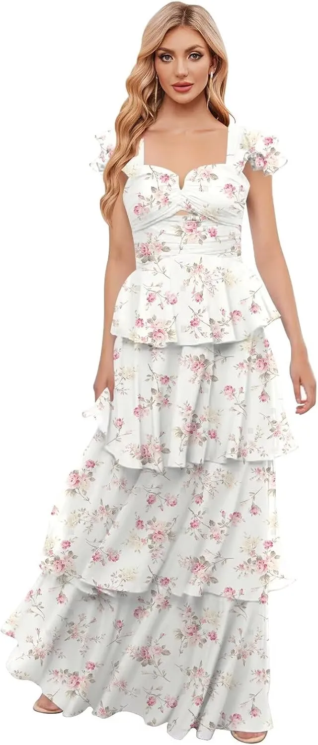 OFEYCHUN Ruffle Tiered Bridesmaid Dress Chiffon Long Prom Dresses 2025 Off The Shoulder Formal Dress