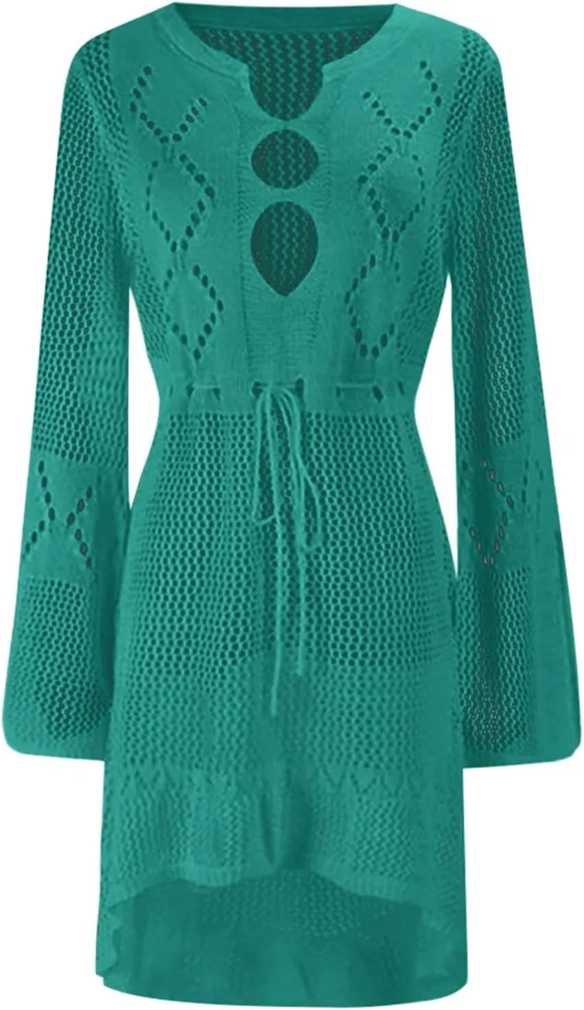 Oplxuo Women's Beach Cover Up Dresses Summer Sexy Hollow Out Crochet Knit Bikini Swimsuit Flared Sleeve Net Cardigan Dress