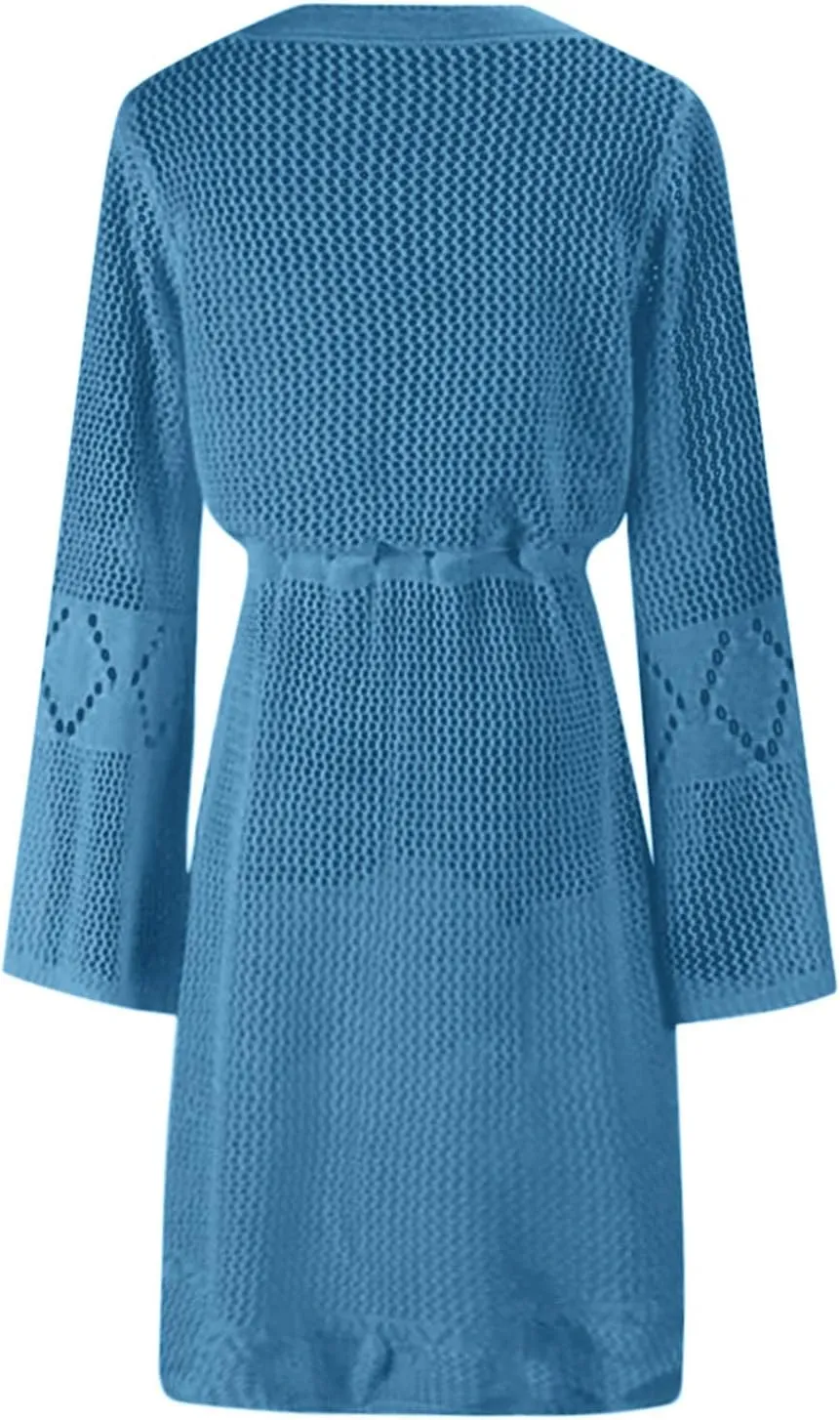 Oplxuo Women's Beach Cover Up Dresses Summer Sexy Hollow Out Crochet Knit Bikini Swimsuit Flared Sleeve Net Cardigan Dress