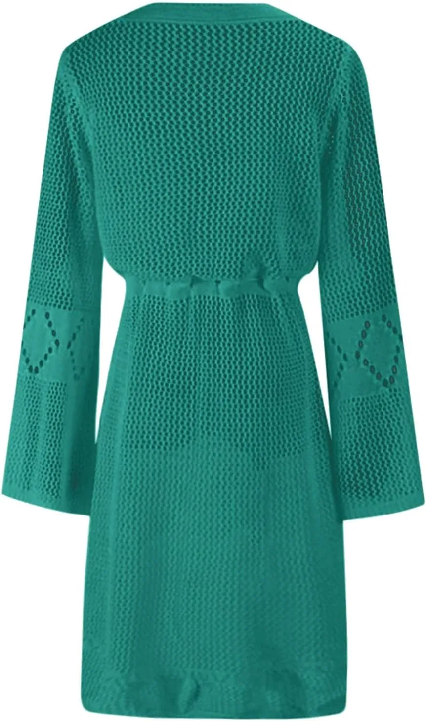 Oplxuo Women's Beach Cover Up Dresses Summer Sexy Hollow Out Crochet Knit Bikini Swimsuit Flared Sleeve Net Cardigan Dress