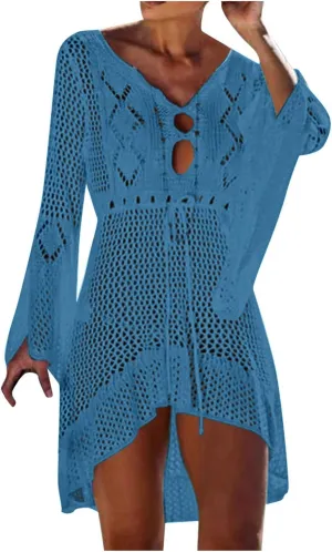 Oplxuo Women's Beach Cover Up Dresses Summer Sexy Hollow Out Crochet Knit Bikini Swimsuit Flared Sleeve Net Cardigan Dress
