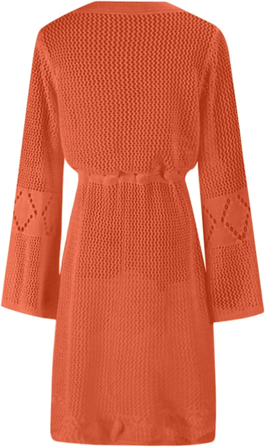 Oplxuo Women's Beach Cover Up Dresses Summer Sexy Hollow Out Crochet Knit Bikini Swimsuit Flared Sleeve Net Cardigan Dress