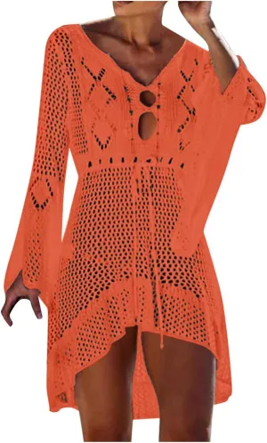 Oplxuo Women's Beach Cover Up Dresses Summer Sexy Hollow Out Crochet Knit Bikini Swimsuit Flared Sleeve Net Cardigan Dress