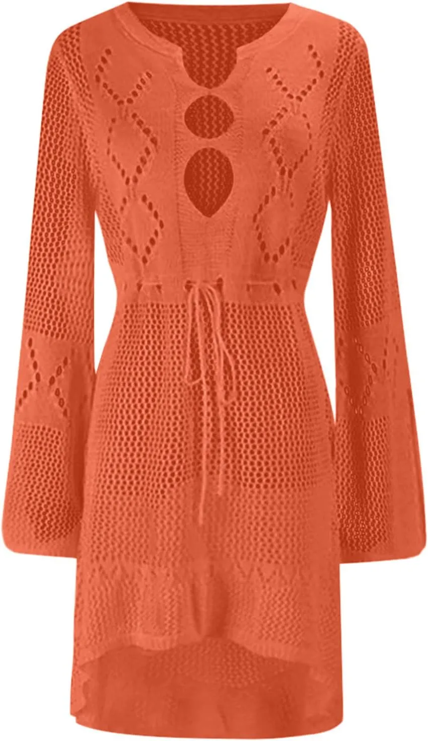 Oplxuo Women's Beach Cover Up Dresses Summer Sexy Hollow Out Crochet Knit Bikini Swimsuit Flared Sleeve Net Cardigan Dress