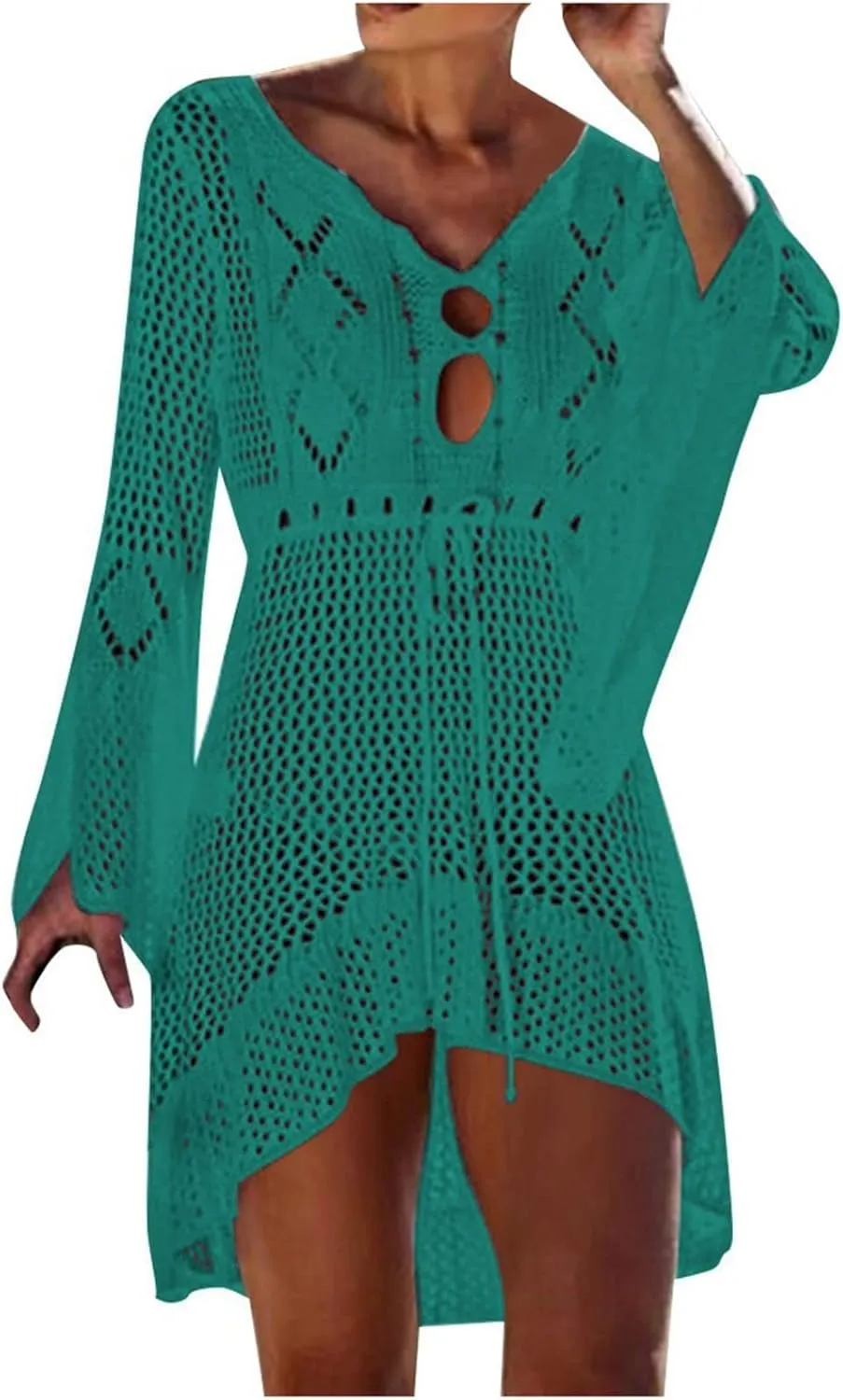 Oplxuo Women's Beach Cover Up Dresses Summer Sexy Hollow Out Crochet Knit Bikini Swimsuit Flared Sleeve Net Cardigan Dress