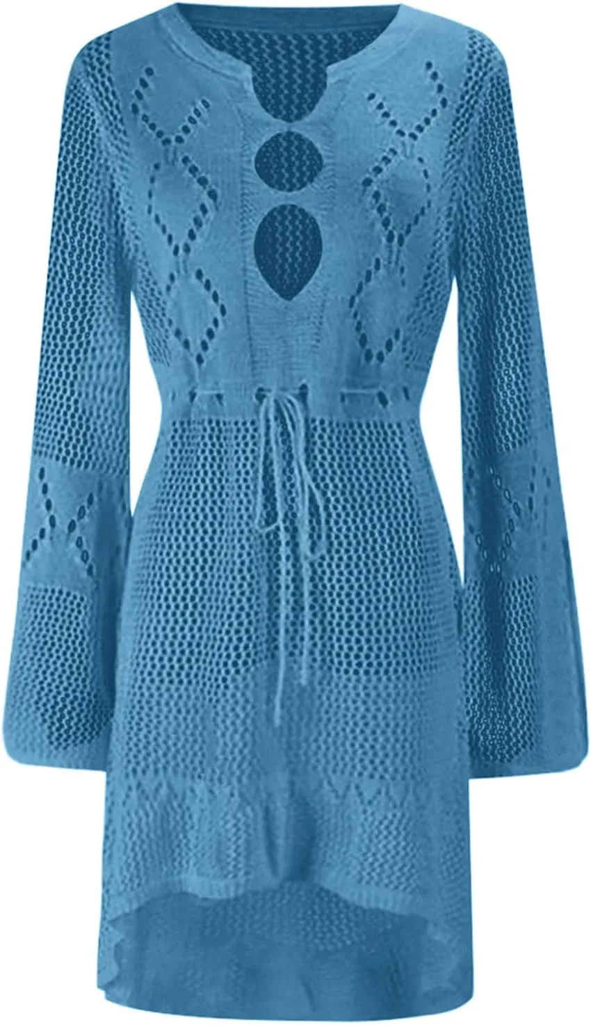 Oplxuo Women's Beach Cover Up Dresses Summer Sexy Hollow Out Crochet Knit Bikini Swimsuit Flared Sleeve Net Cardigan Dress