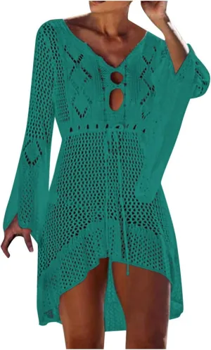 Oplxuo Women's Beach Cover Up Dresses Summer Sexy Hollow Out Crochet Knit Bikini Swimsuit Flared Sleeve Net Cardigan Dress
