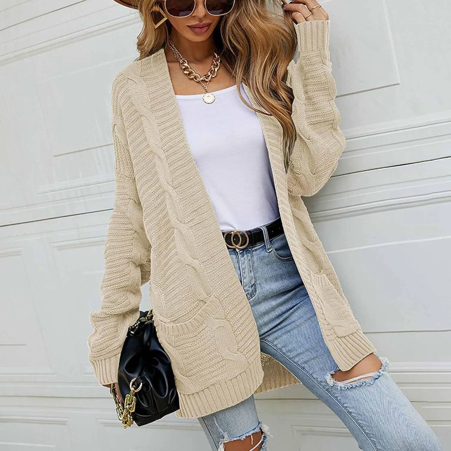 Oversized Cardigans for Women Long Sleeve Cable Knit Sweater Comfy Open Front Cardigan with Pockets
