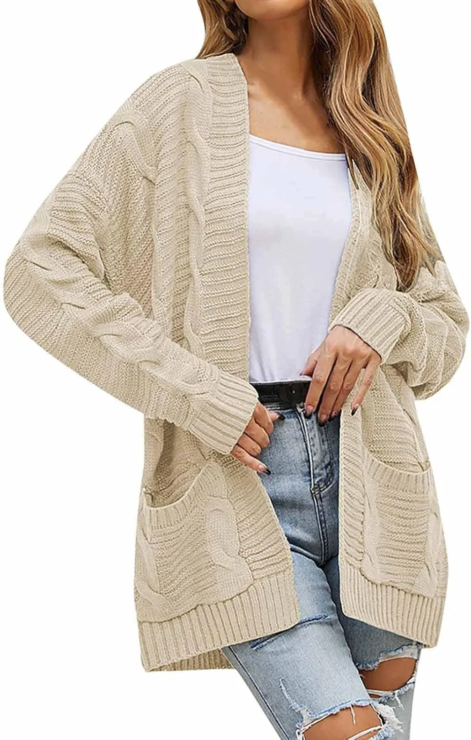 Oversized Cardigans for Women Long Sleeve Cable Knit Sweater Comfy Open Front Cardigan with Pockets