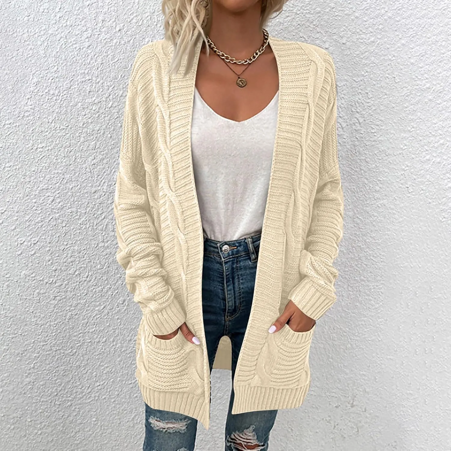Oversized Cardigans for Women Long Sleeve Cable Knit Sweater Comfy Open Front Cardigan with Pockets