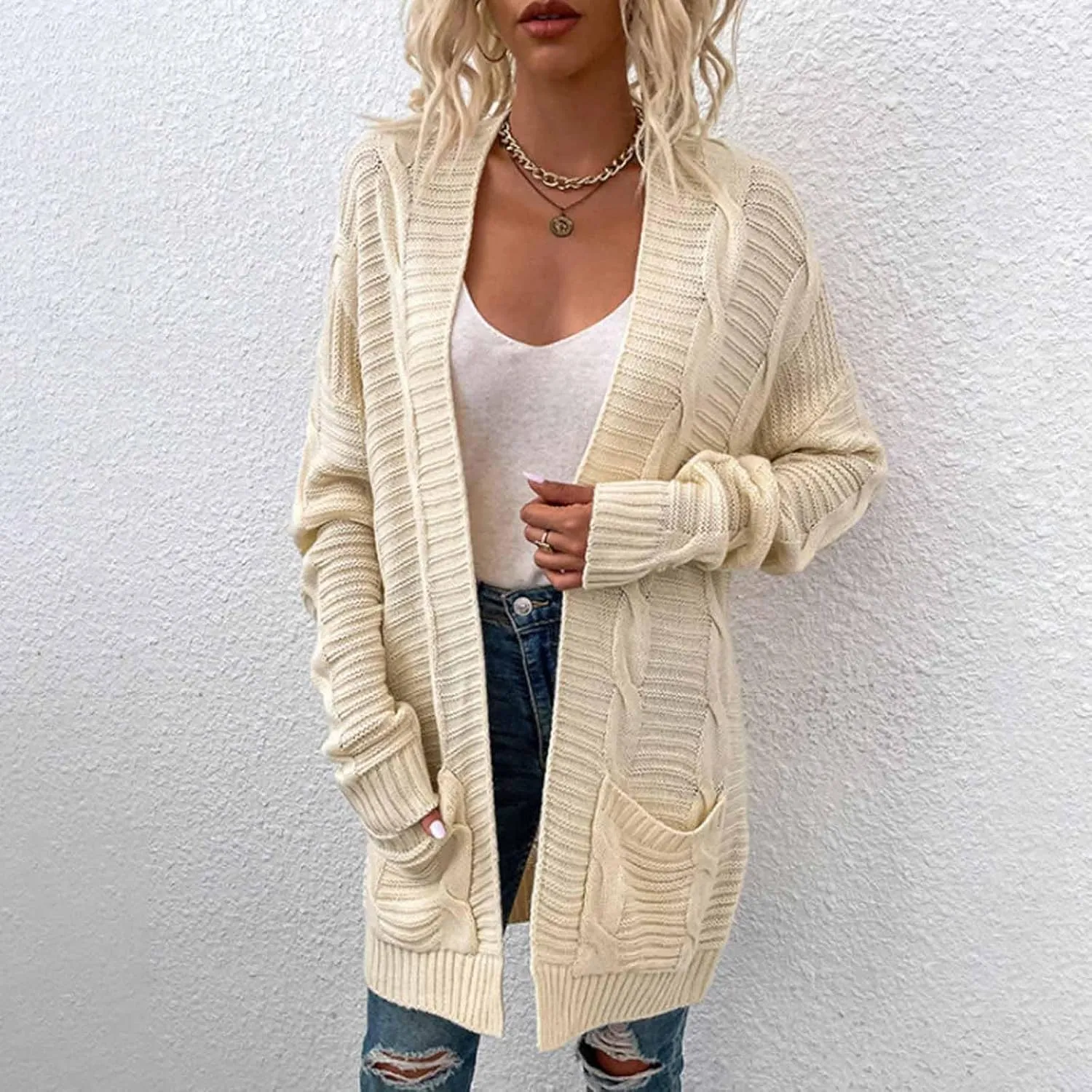 Oversized Cardigans for Women Long Sleeve Cable Knit Sweater Comfy Open Front Cardigan with Pockets