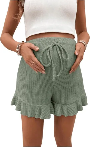 OYOANGLE Women's Maternity Ruffle Hem Shorts Elastic High Waist Rib Knitted Short