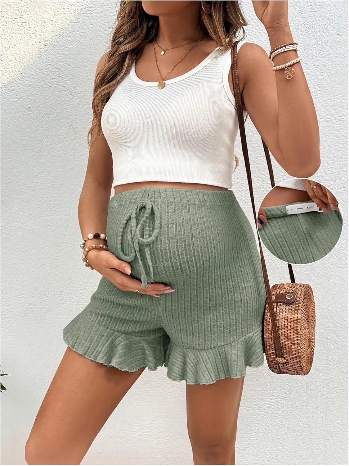 OYOANGLE Women's Maternity Ruffle Hem Shorts Elastic High Waist Rib Knitted Short