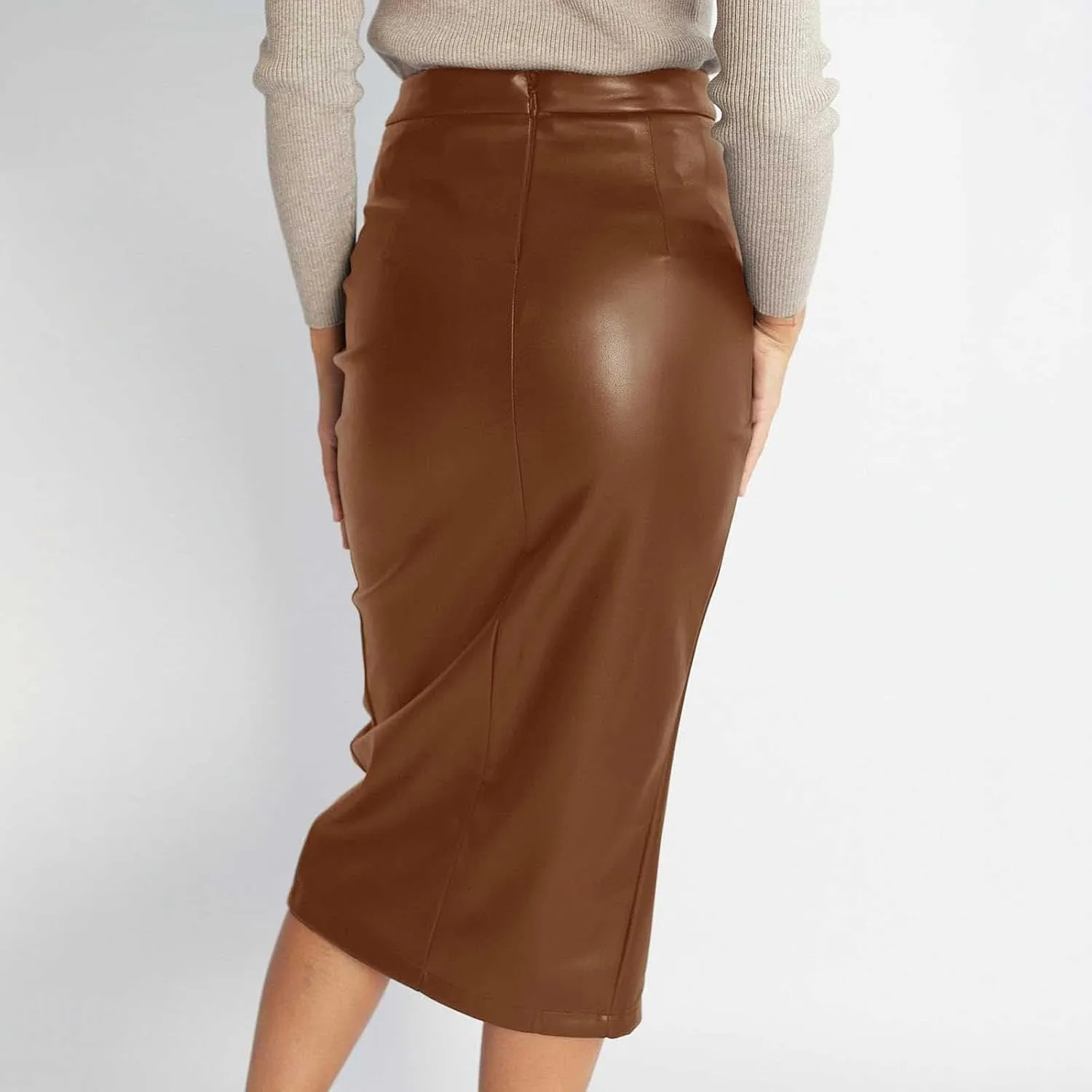 Pencil Skirt for Women Slim Fit High Elastic Waist PU Leather Front Split Workout Business Midi Skirt Zipper Back