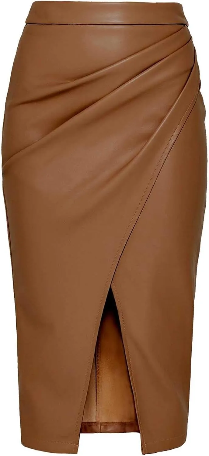 Pencil Skirt for Women Slim Fit High Elastic Waist PU Leather Front Split Workout Business Midi Skirt Zipper Back