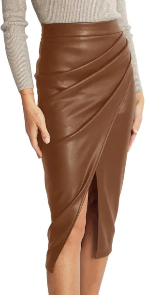 Pencil Skirt for Women Slim Fit High Elastic Waist PU Leather Front Split Workout Business Midi Skirt Zipper Back
