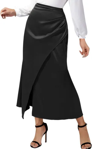 Pencil Skirt for Women Trendy Satin High Elastic Waist Slim Fit Stretchy Business Pencil Skirts with High Split