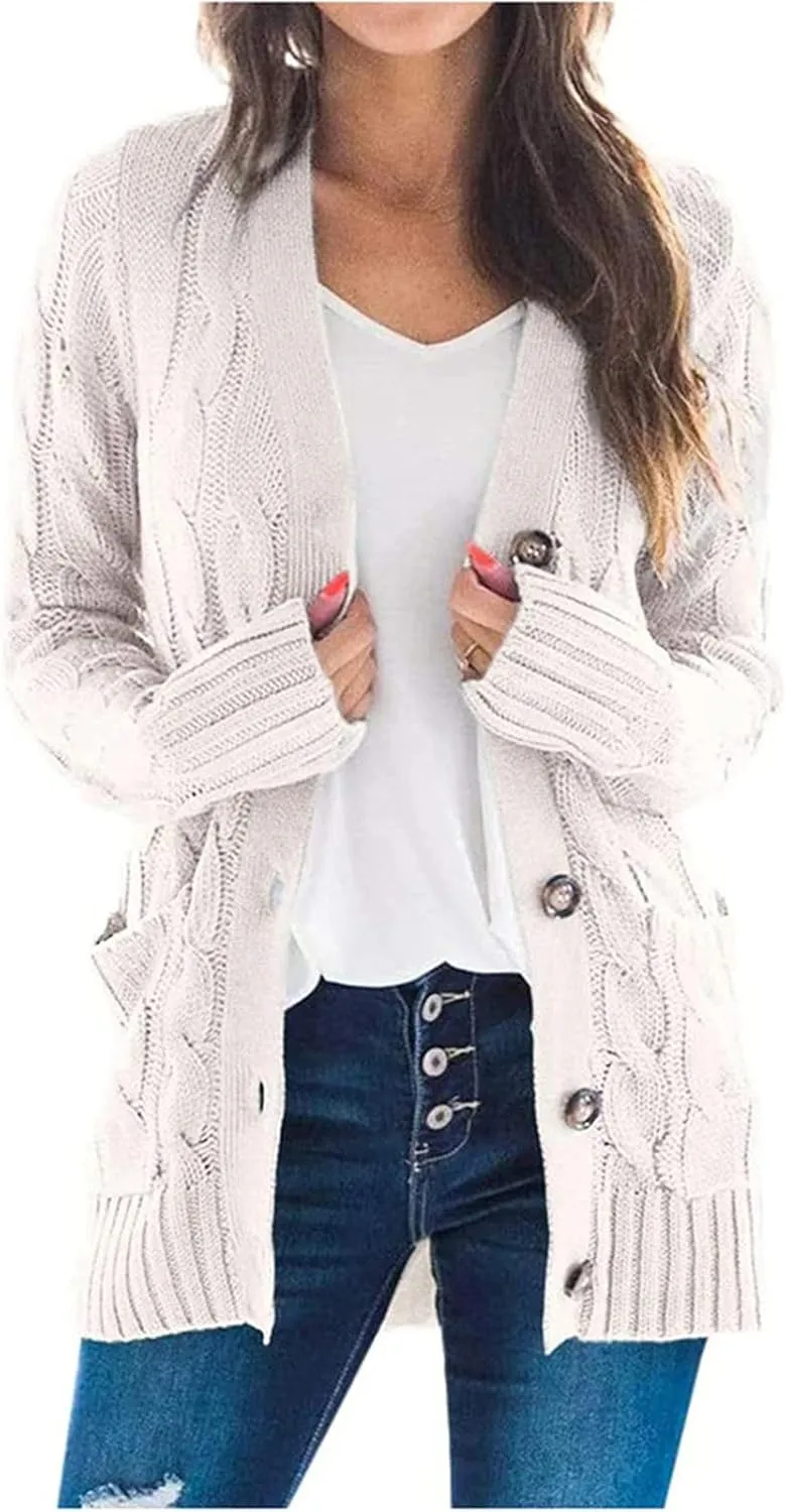 PETYCZEN Cardigan Sweaters for Women Casual Long Sleeve Open Front Button Down Cardigans Cable Knit Chunky Sweater Outerwear