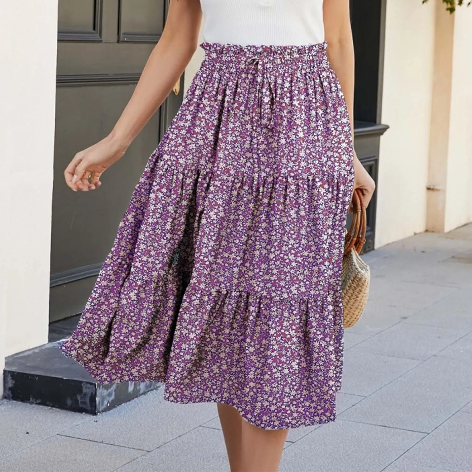 Pleated Skirts for Women Summer Vacation Casual High Elastic Waist Trendy Ruffles Tummy Control A-Line Flowy Midi Skirts