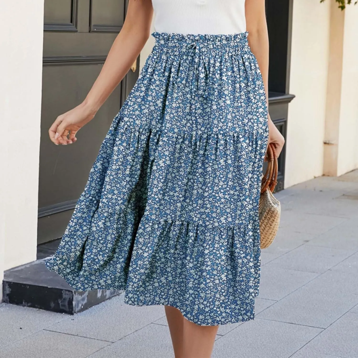 Pleated Skirts for Women Summer Vacation Casual High Elastic Waist Trendy Ruffles Tummy Control A-Line Flowy Midi Skirts