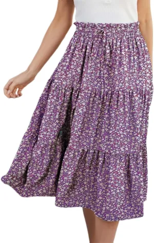 Pleated Skirts for Women Summer Vacation Casual High Elastic Waist Trendy Ruffles Tummy Control A-Line Flowy Midi Skirts
