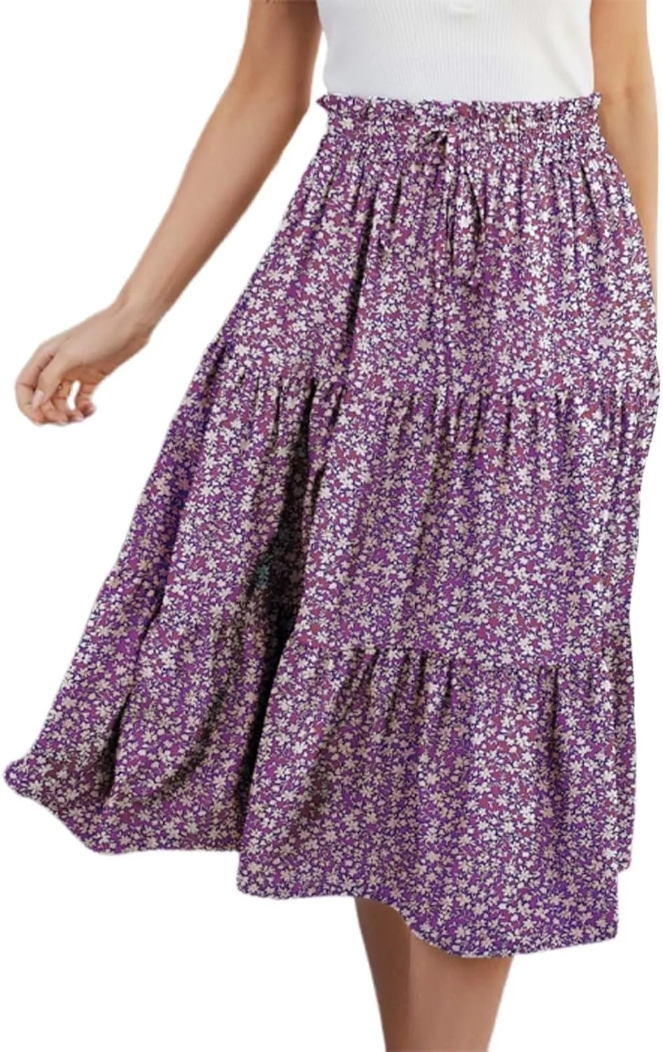 Pleated Skirts for Women Summer Vacation Casual High Elastic Waist Trendy Ruffles Tummy Control A-Line Flowy Midi Skirts