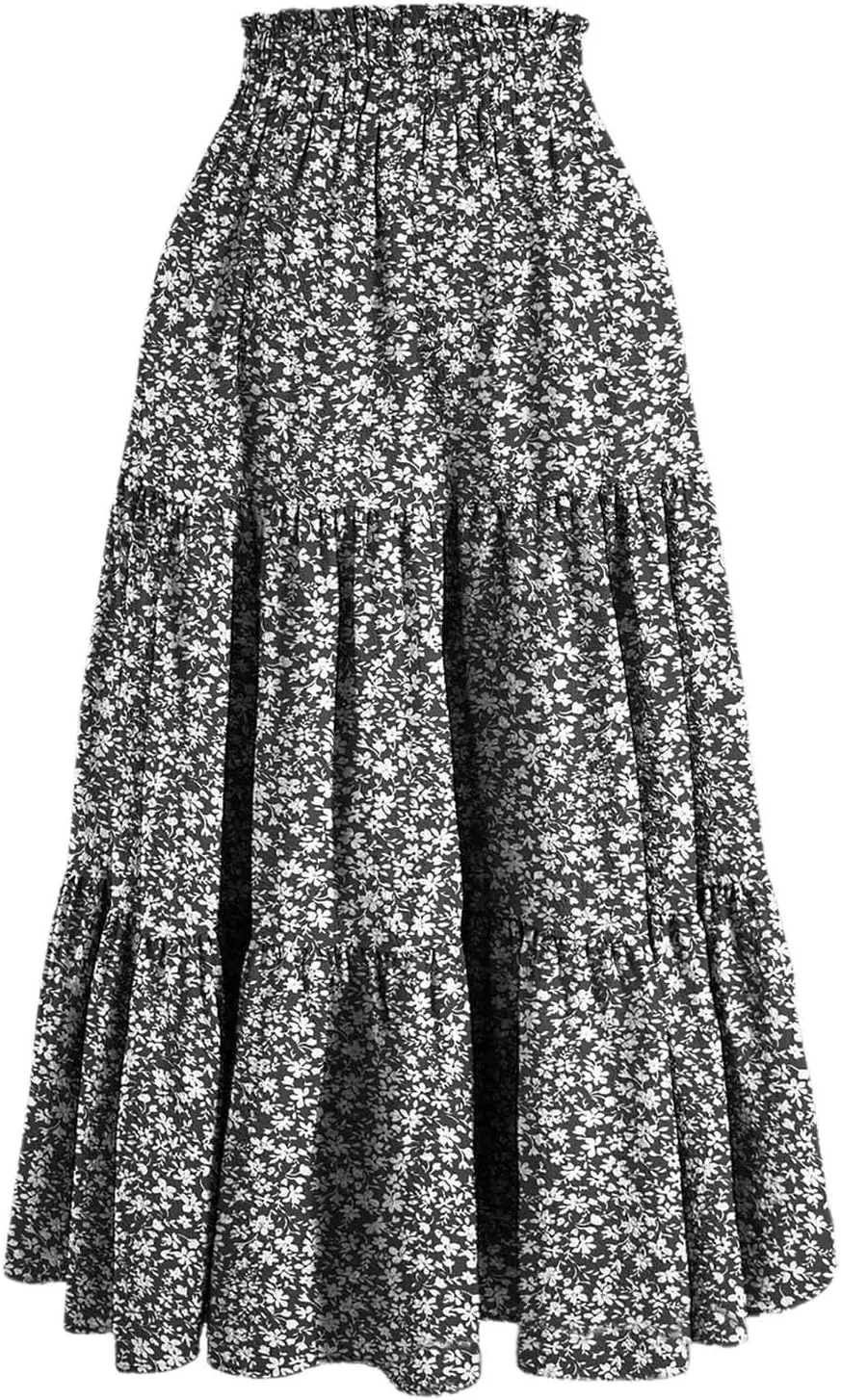Pleated Skirts for Women Summer Vacation Casual High Elastic Waist Trendy Ruffles Tummy Control A-Line Flowy Midi Skirts