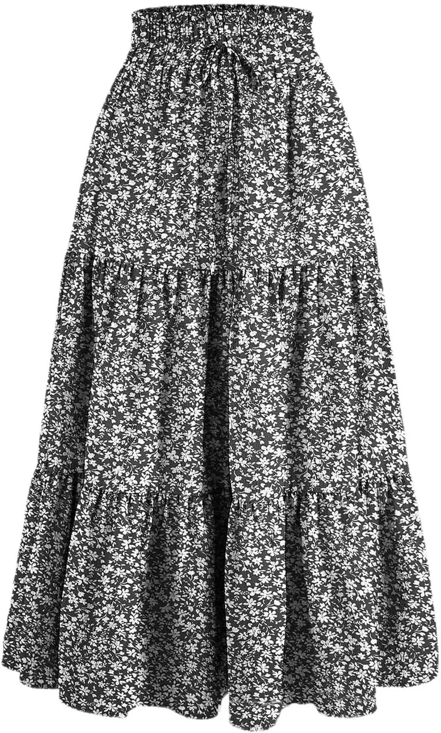 Pleated Skirts for Women Summer Vacation Casual High Elastic Waist Trendy Ruffles Tummy Control A-Line Flowy Midi Skirts