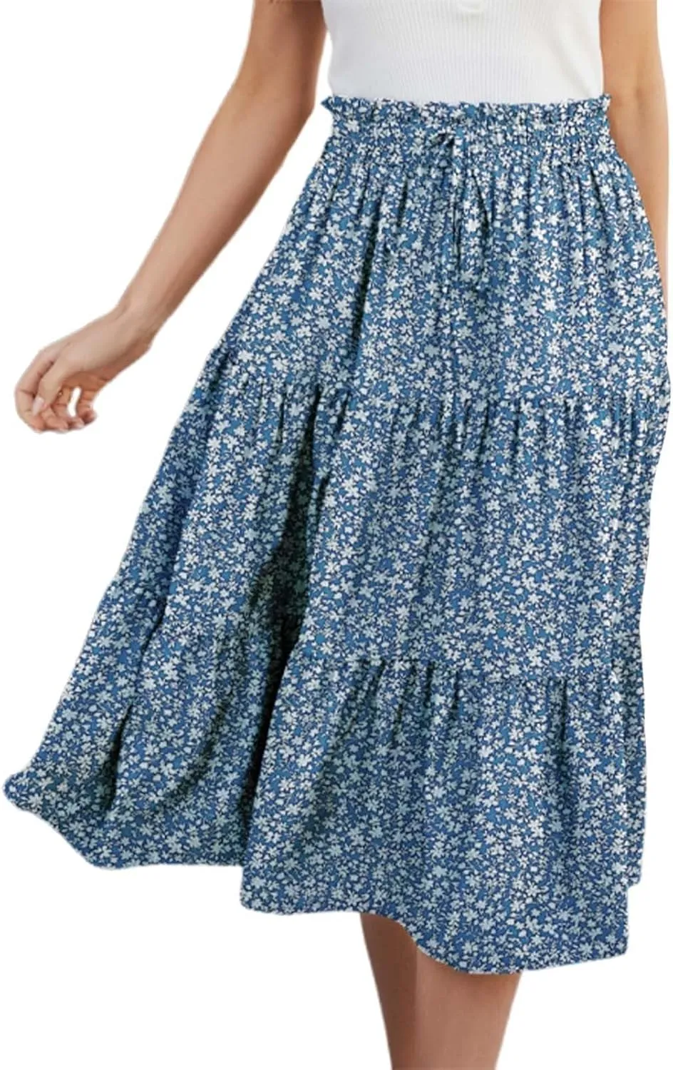 Pleated Skirts for Women Summer Vacation Casual High Elastic Waist Trendy Ruffles Tummy Control A-Line Flowy Midi Skirts
