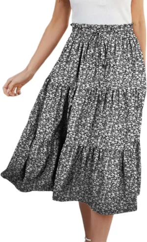 Pleated Skirts for Women Summer Vacation Casual High Elastic Waist Trendy Ruffles Tummy Control A-Line Flowy Midi Skirts