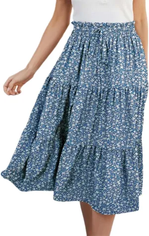 Pleated Skirts for Women Summer Vacation Casual High Elastic Waist Trendy Ruffles Tummy Control A-Line Flowy Midi Skirts
