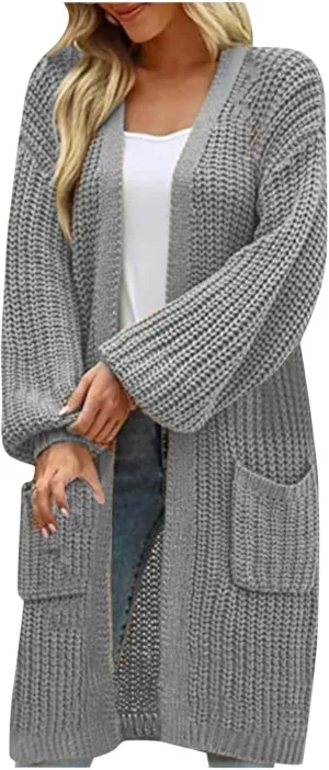 Plus Size Cardigan for Women Knit Lightweight Open Front Chunky Sweater Casual Long Sleeve Jacket Coat with Pockets