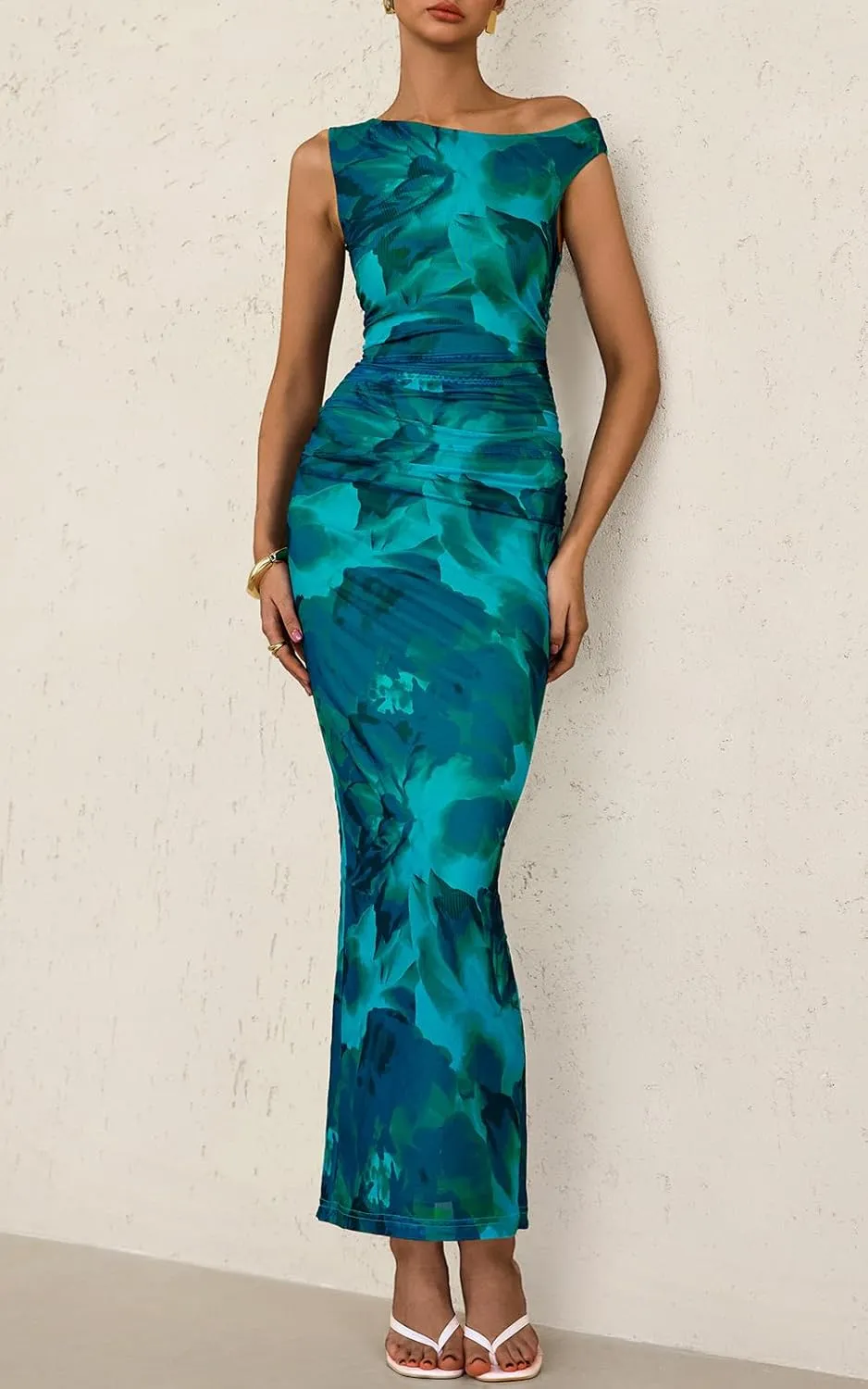 PRETTYGARDEN Women's 2025 Summer Floral One Shoulder Maxi Dress Wedding Guest Ruched Mesh Bodycon Long Cocktail Dresses
