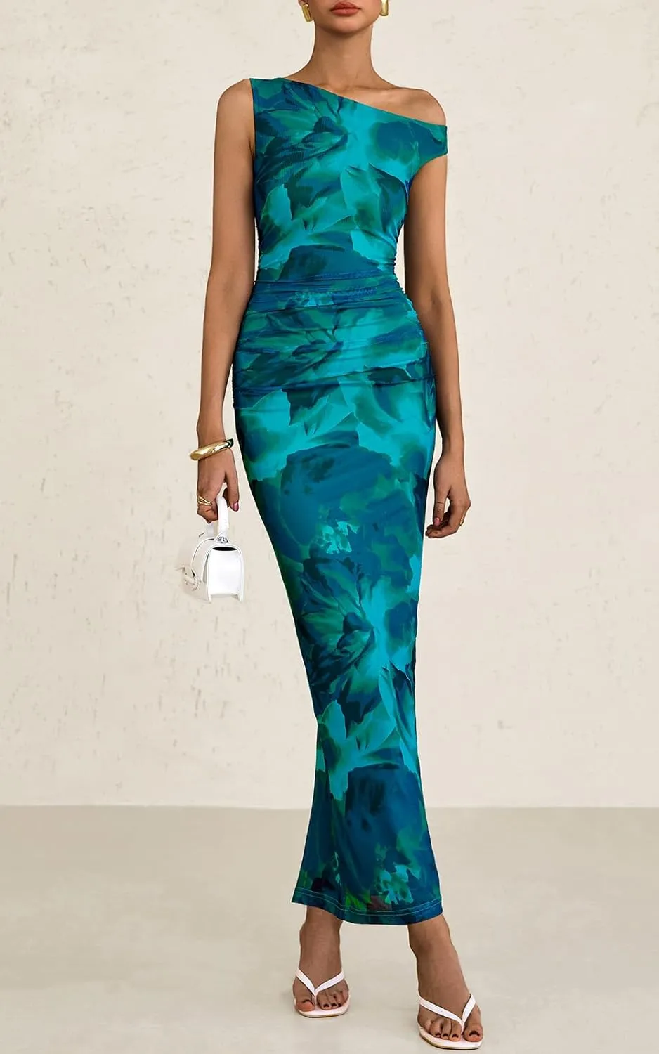 PRETTYGARDEN Women's 2025 Summer Floral One Shoulder Maxi Dress Wedding Guest Ruched Mesh Bodycon Long Cocktail Dresses