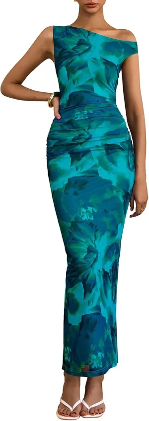 PRETTYGARDEN Women's 2025 Summer Floral One Shoulder Maxi Dress Wedding Guest Ruched Mesh Bodycon Long Cocktail Dresses