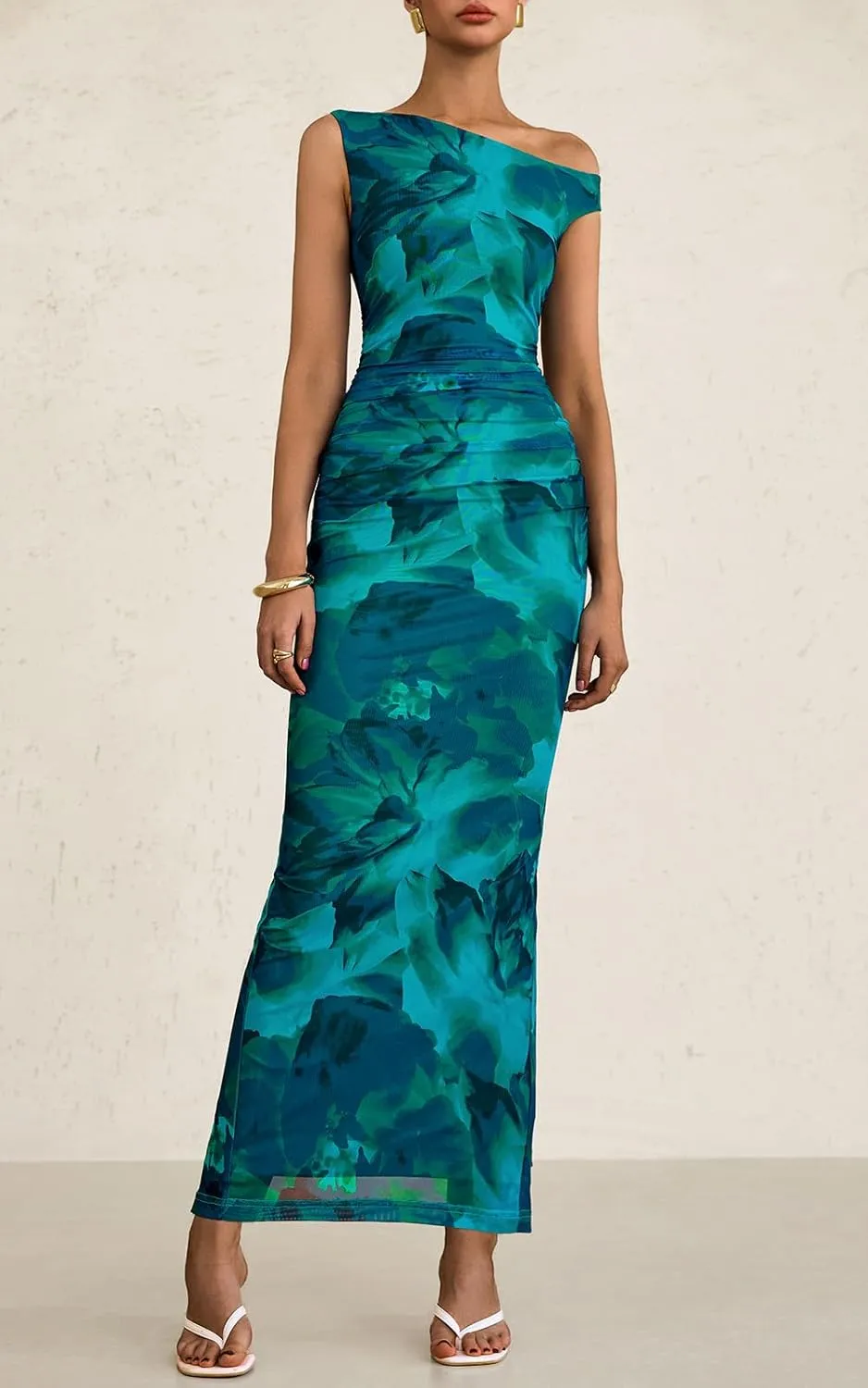 PRETTYGARDEN Women's 2025 Summer Floral One Shoulder Maxi Dress Wedding Guest Ruched Mesh Bodycon Long Cocktail Dresses