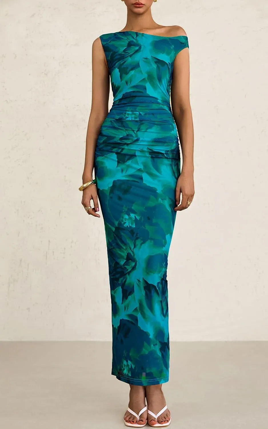 PRETTYGARDEN Women's 2025 Summer Floral One Shoulder Maxi Dress Wedding Guest Ruched Mesh Bodycon Long Cocktail Dresses