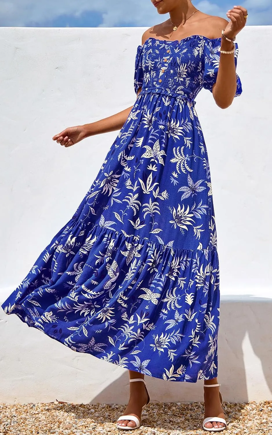 PRETTYGARDEN Womens Summer Dresses 2025 Casual Boho Floral Puff Short Sleeve Flowy Maxi Dress Smocked V Neck Sun Dresses