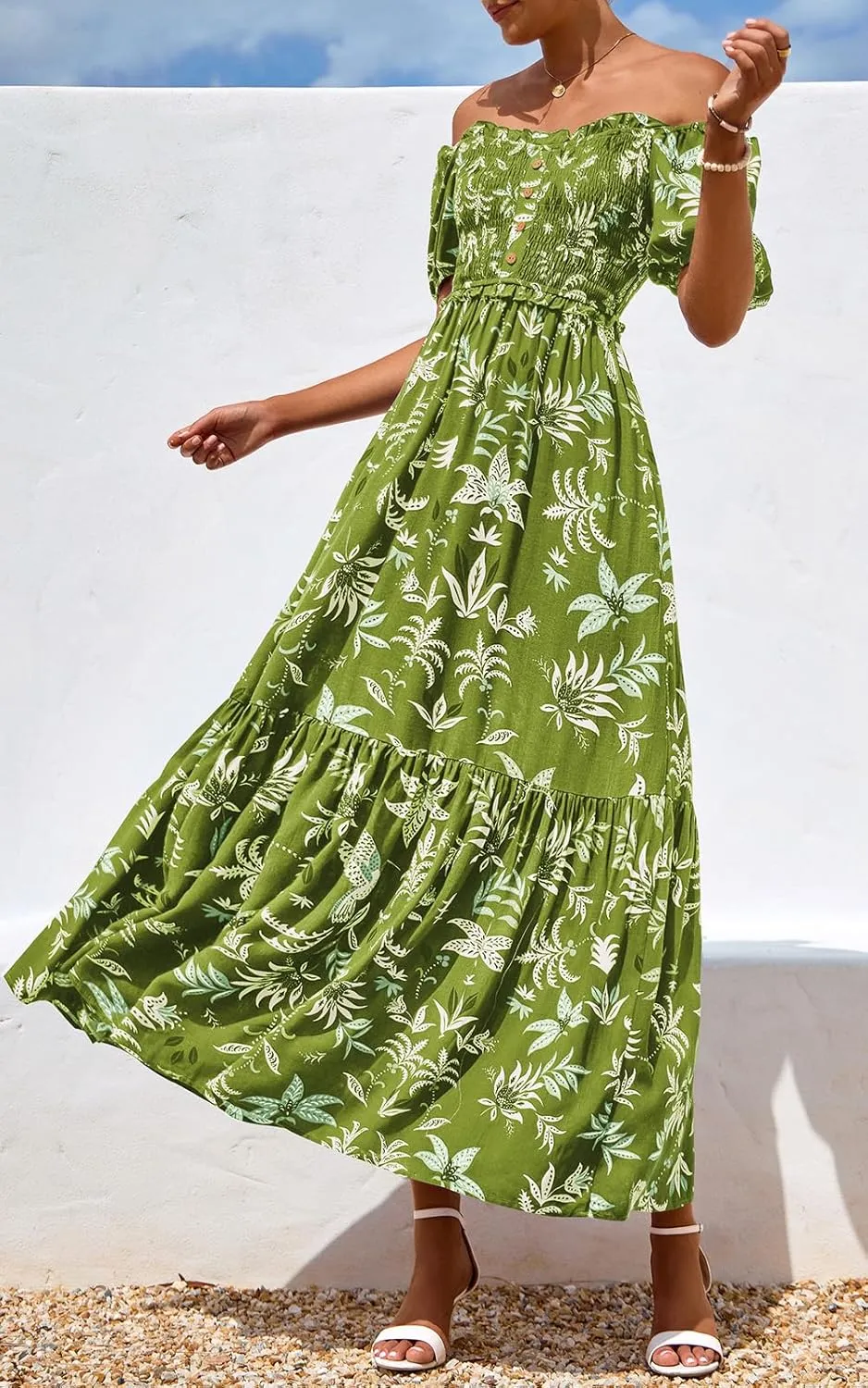 PRETTYGARDEN Womens Summer Dresses 2025 Casual Boho Floral Puff Short Sleeve Flowy Maxi Dress Smocked V Neck Sun Dresses