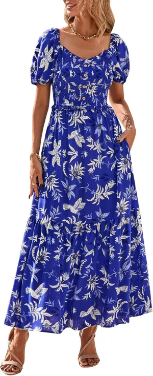 PRETTYGARDEN Womens Summer Dresses 2025 Casual Boho Floral Puff Short Sleeve Flowy Maxi Dress Smocked V Neck Sun Dresses