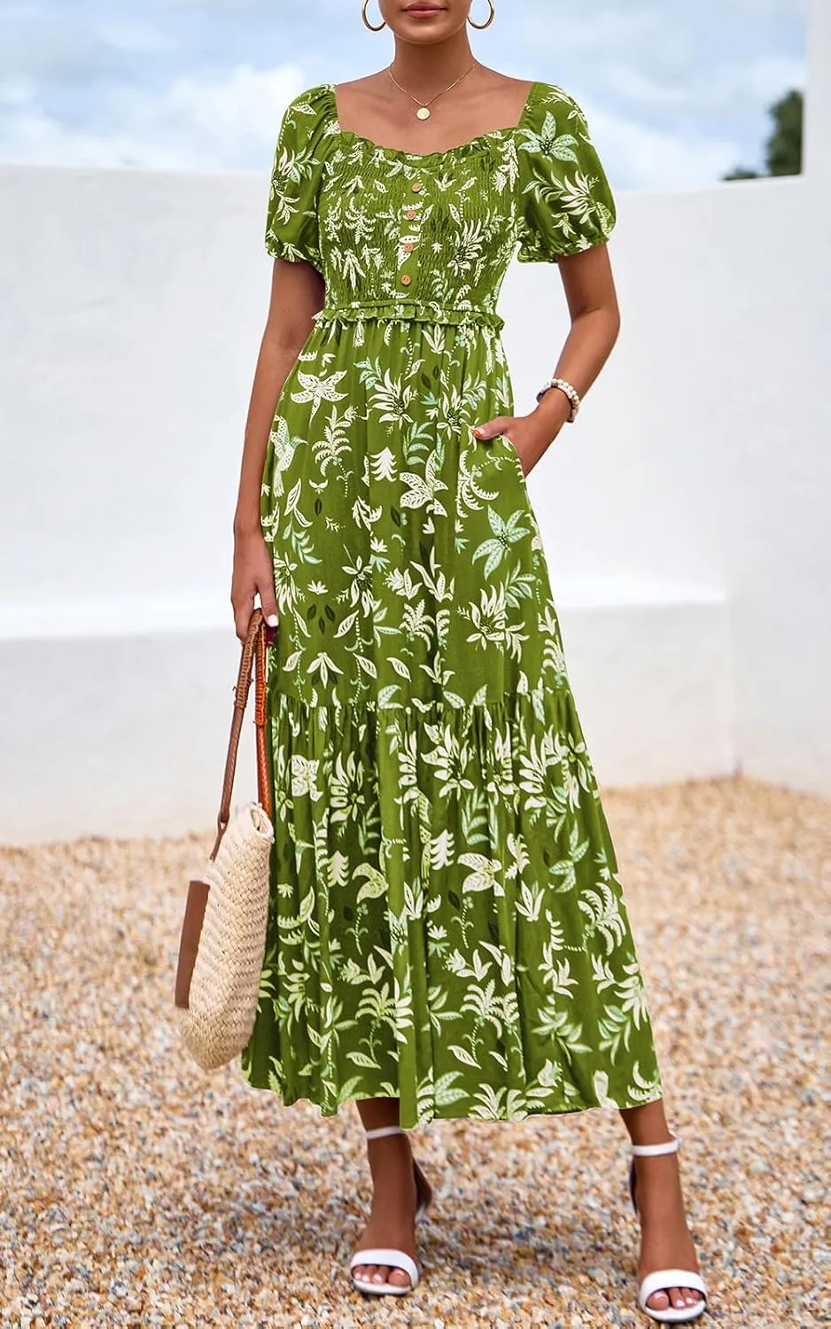 PRETTYGARDEN Womens Summer Dresses 2025 Casual Boho Floral Puff Short Sleeve Flowy Maxi Dress Smocked V Neck Sun Dresses