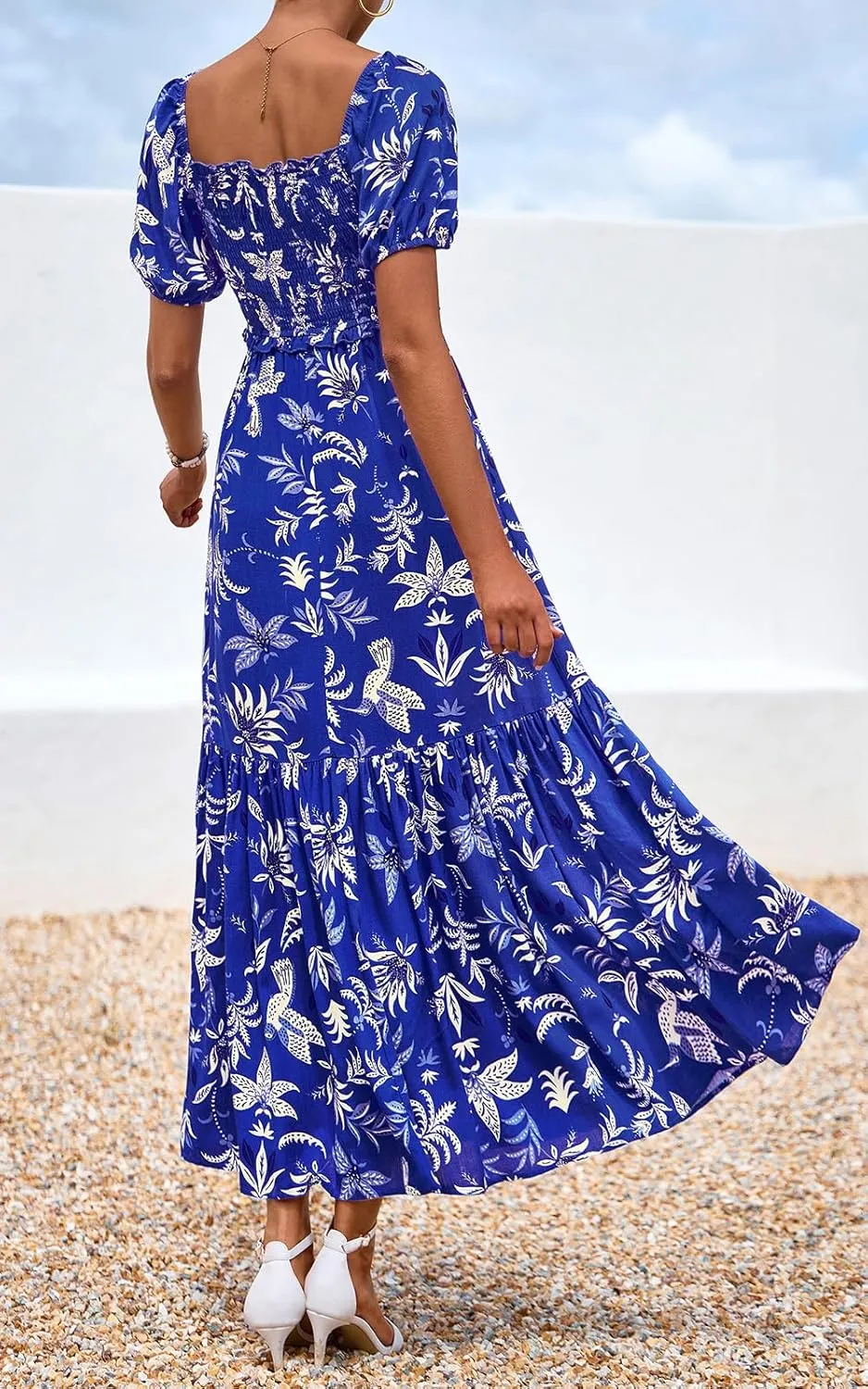 PRETTYGARDEN Womens Summer Dresses 2025 Casual Boho Floral Puff Short Sleeve Flowy Maxi Dress Smocked V Neck Sun Dresses