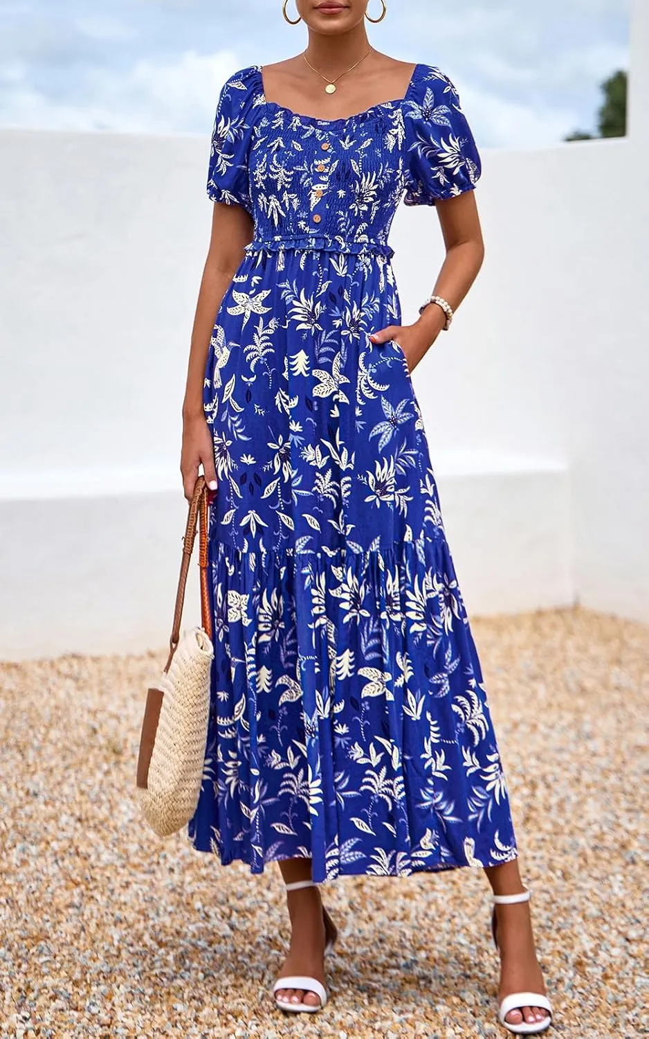PRETTYGARDEN Womens Summer Dresses 2025 Casual Boho Floral Puff Short Sleeve Flowy Maxi Dress Smocked V Neck Sun Dresses