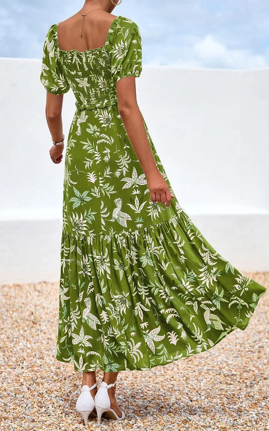 PRETTYGARDEN Womens Summer Dresses 2025 Casual Boho Floral Puff Short Sleeve Flowy Maxi Dress Smocked V Neck Sun Dresses