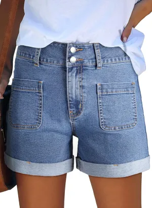 Sidefeel Women's Jean Shorts Casual High Waisted Folded Hem Zimbaplatinum Denim Shorts